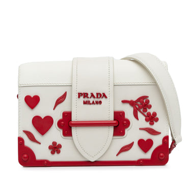 White Prada Saffiano Trimmed City Calf Cahier Flower Heart Bag