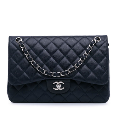 Blue Chanel Jumbo Classic Caviar Double Flap Shoulder Bag - Designer Revival