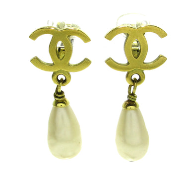 Gold Chanel CC Faux Pearl Clip On Drop Earrings