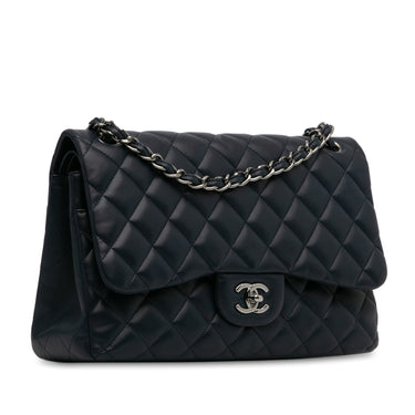 Blue Chanel Jumbo Classic Lambskin Double Flap Shoulder Bag - Designer Revival