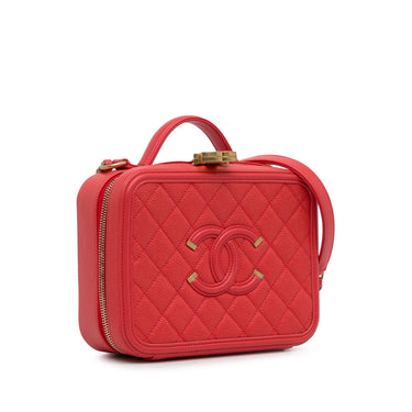 Red Chanel Medium CC Caviar Filigree Vanity Case Satchel
