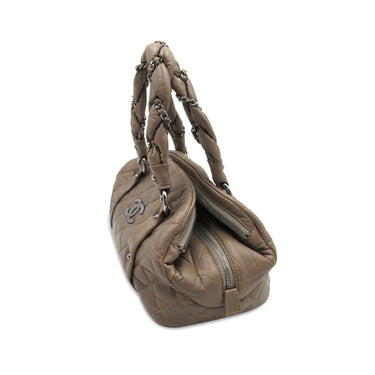Taupe Chanel Distressed Lambskin Lady Braid Bowler Handbag - Designer Revival