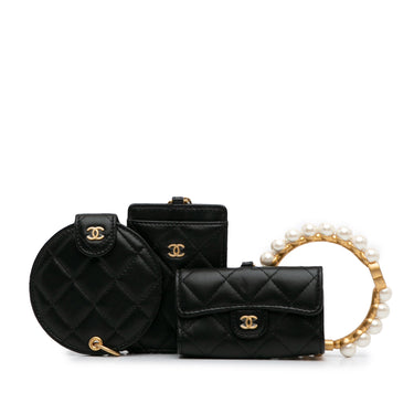 Black Chanel Pearl Crown CC Wristlet Multi Pouches Clutch Bag