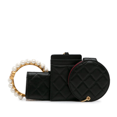 Black Chanel Pearl Crown CC Wristlet Multi Pouches Clutch Bag