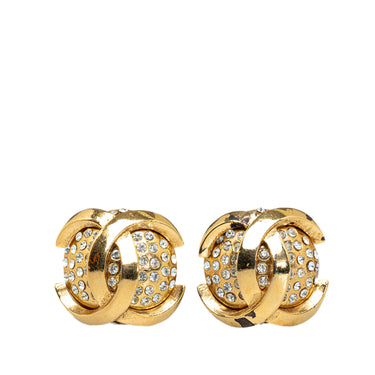 Gold Chanel CC Rhinestone Clip-On Earrings - Designer Revival