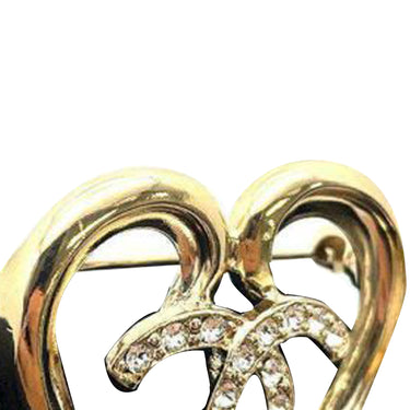Gold Chanel CC Heart Rhinestone Brooch