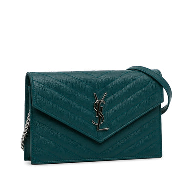 Green Saint Laurent Grain De Poudre Cassandre Envelope Wallet on Chain Crossbody Bag - Designer Revival