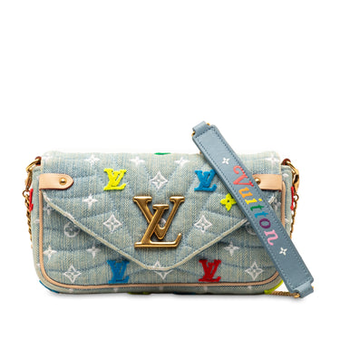 Blue Louis Vuitton Embroidered Monogram Denim New Wave Chain Pochette Crossbody Bag - Designer Revival