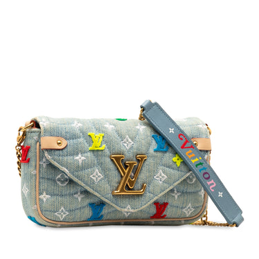 Blue Louis Vuitton Embroidered Monogram Denim New Wave Chain Pochette Crossbody Bag - Designer Revival