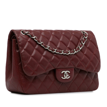Burgundy Chanel Jumbo Classic Caviar Double Flap Shoulder Bag - Designer Revival