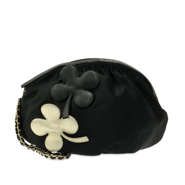 Black Chanel Four Leaf Clover Satin Clutch - Designer Revival