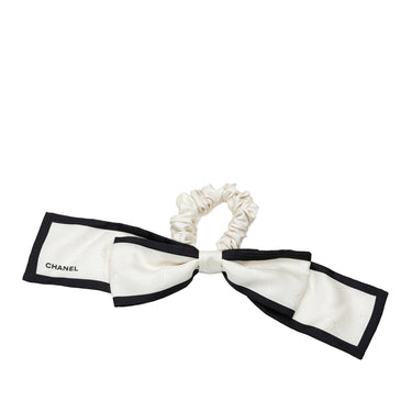 White Chanel Silk CC Bow Scrunchie - Designer Revival
