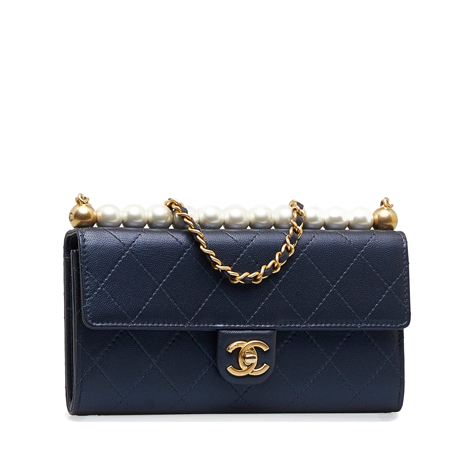 Blue Chanel Goatskin Chic Pearls Clutch With Chain Crossbody Bag