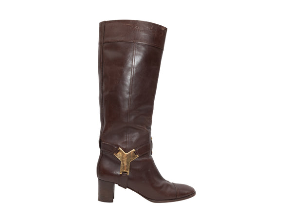 Brown Yves Saint Laurent Knee-High Harness Boots