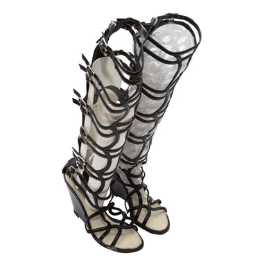 Black Chanel Knee-High Gladiator Wedge Sandals Size 37 - Designer Revival