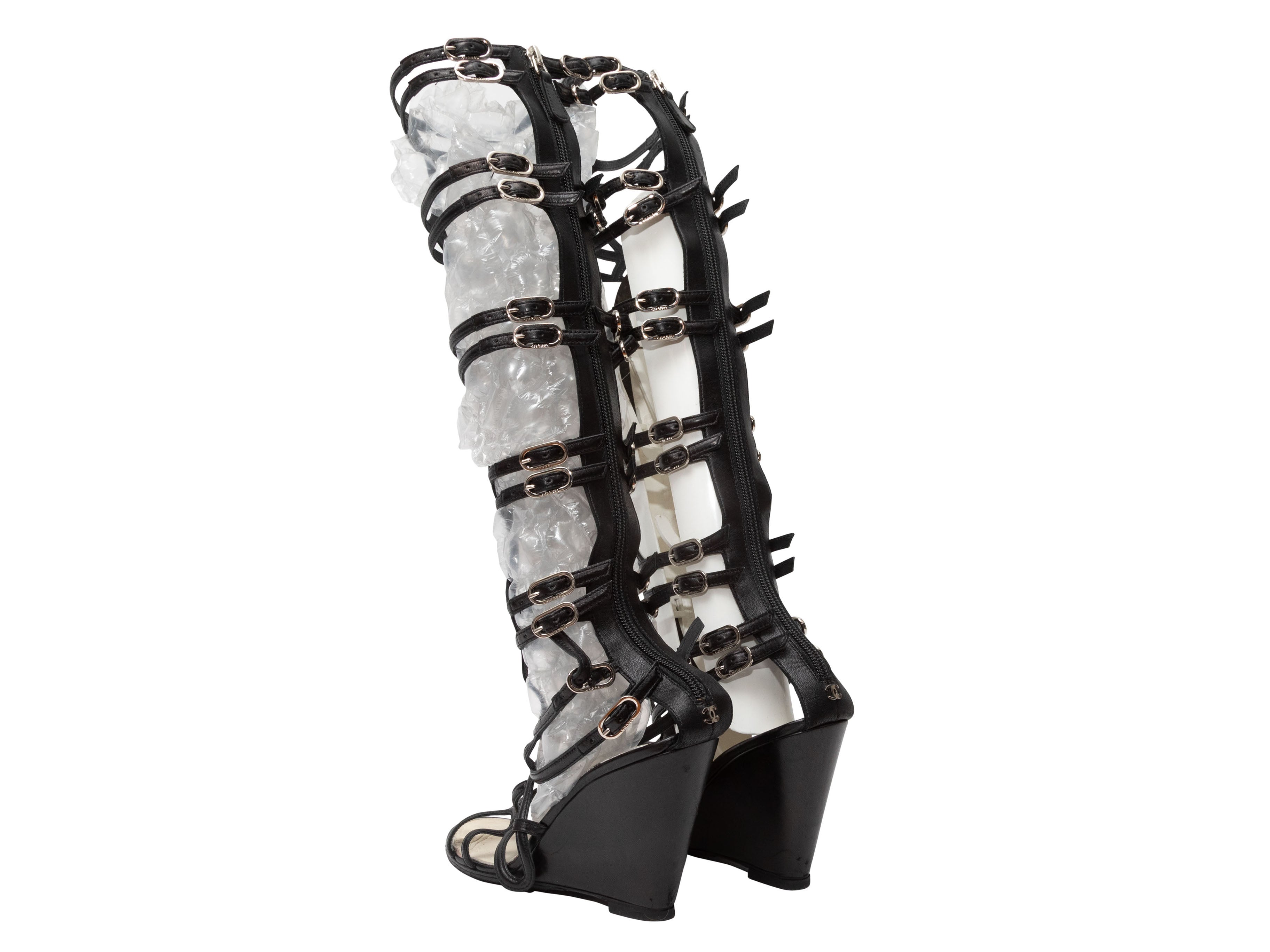 Black Chanel Knee-High Gladiator Wedge Sandals Size 37 – Designer Revival