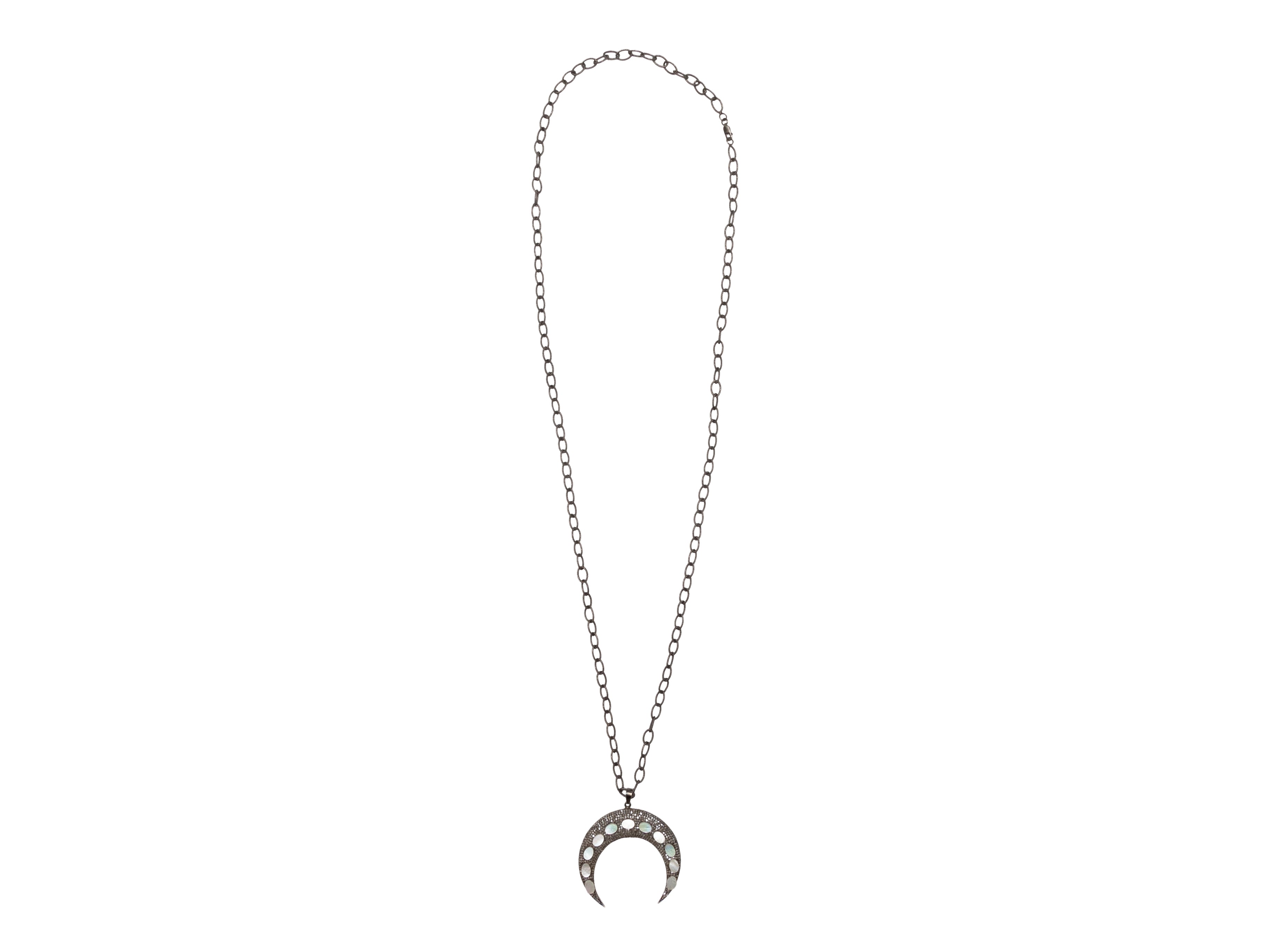 Silver Bavna Pave & Mother of Pearl Crescent Necklace - Designer Revival