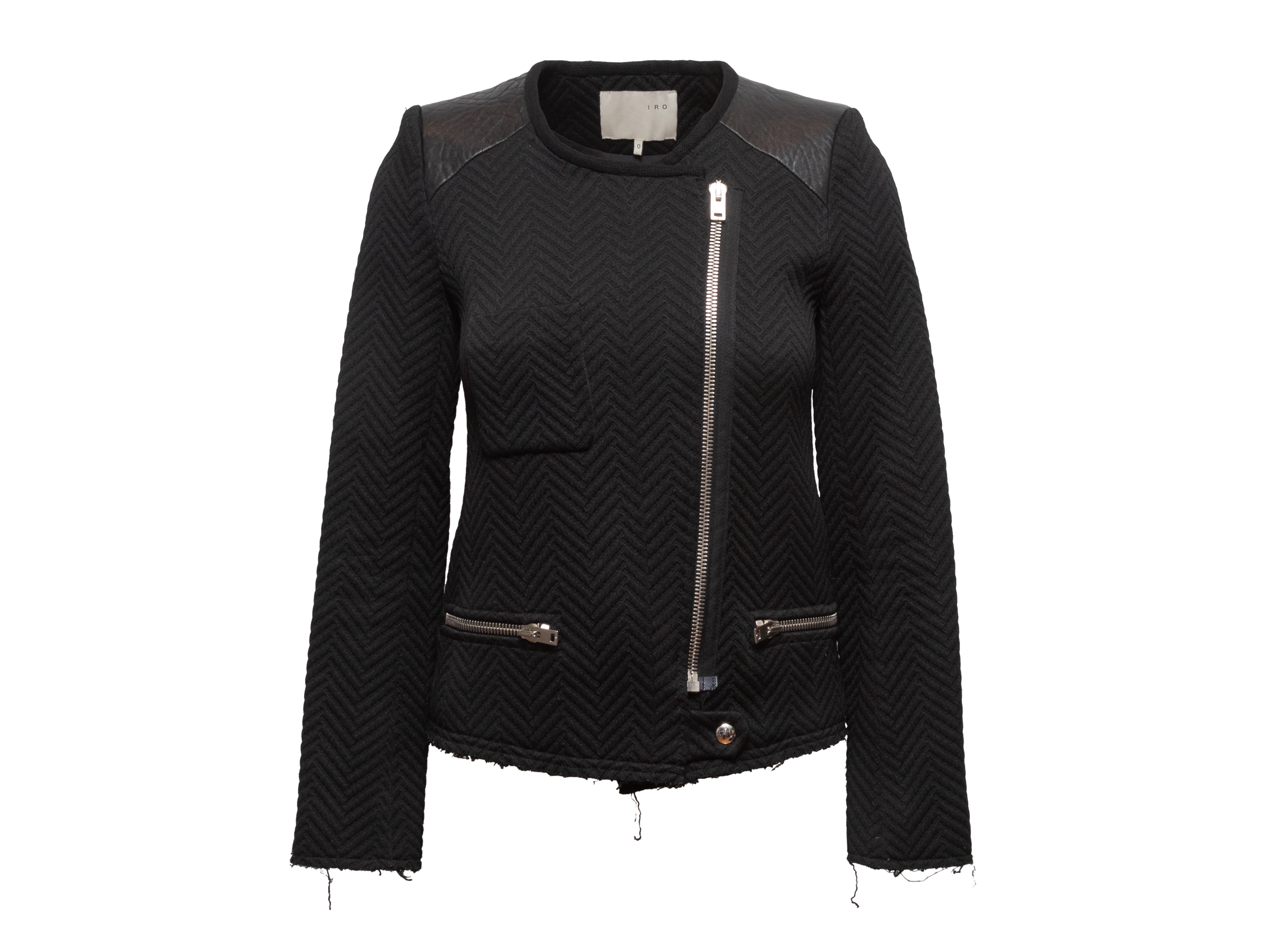Black Iro Herringbone Leather-Trimmed Moto Jacket Size US 0 - Designer Revival