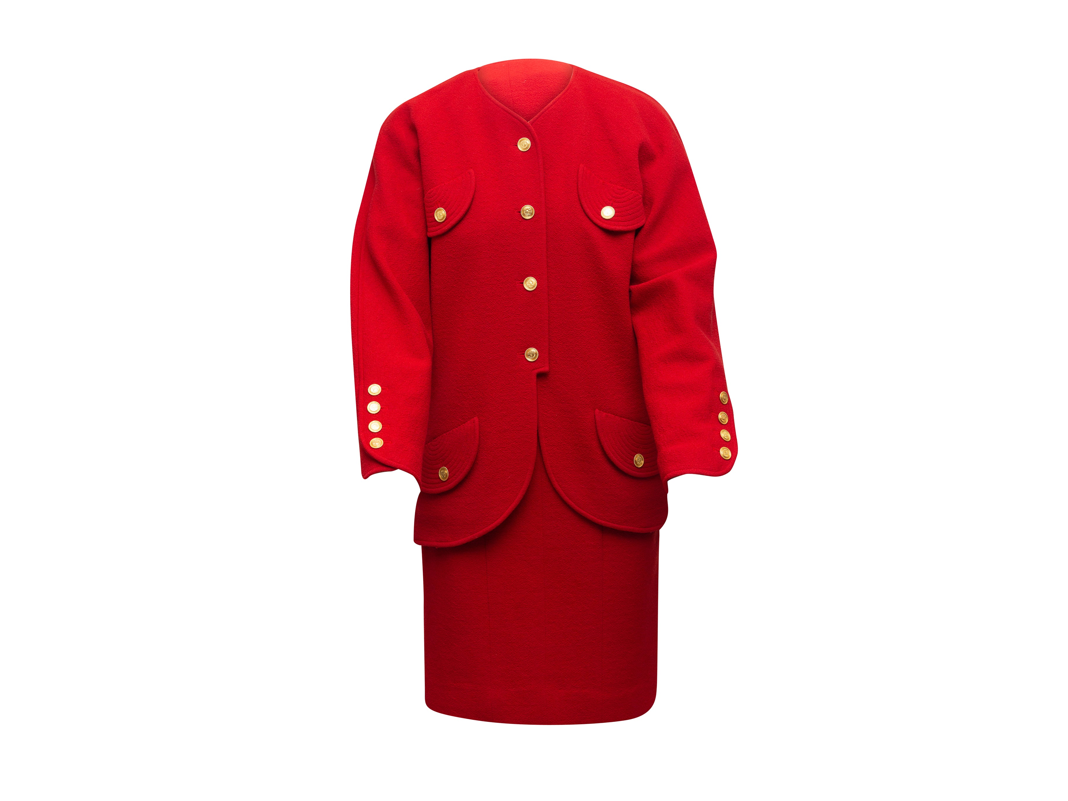 RvceShops Revival, Vintage Red Chanel Boutique Wool Skirt Suit