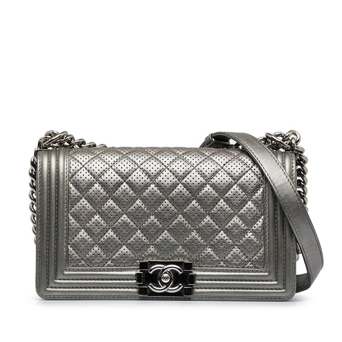 chanel pre owned circular knit top item, Silver Chanel Medium Perforated  Lambskin Boy Flap Shoulder Bag