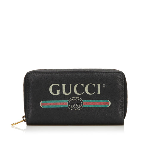 Black Gucci Logo Print Zip Around Long Wallet