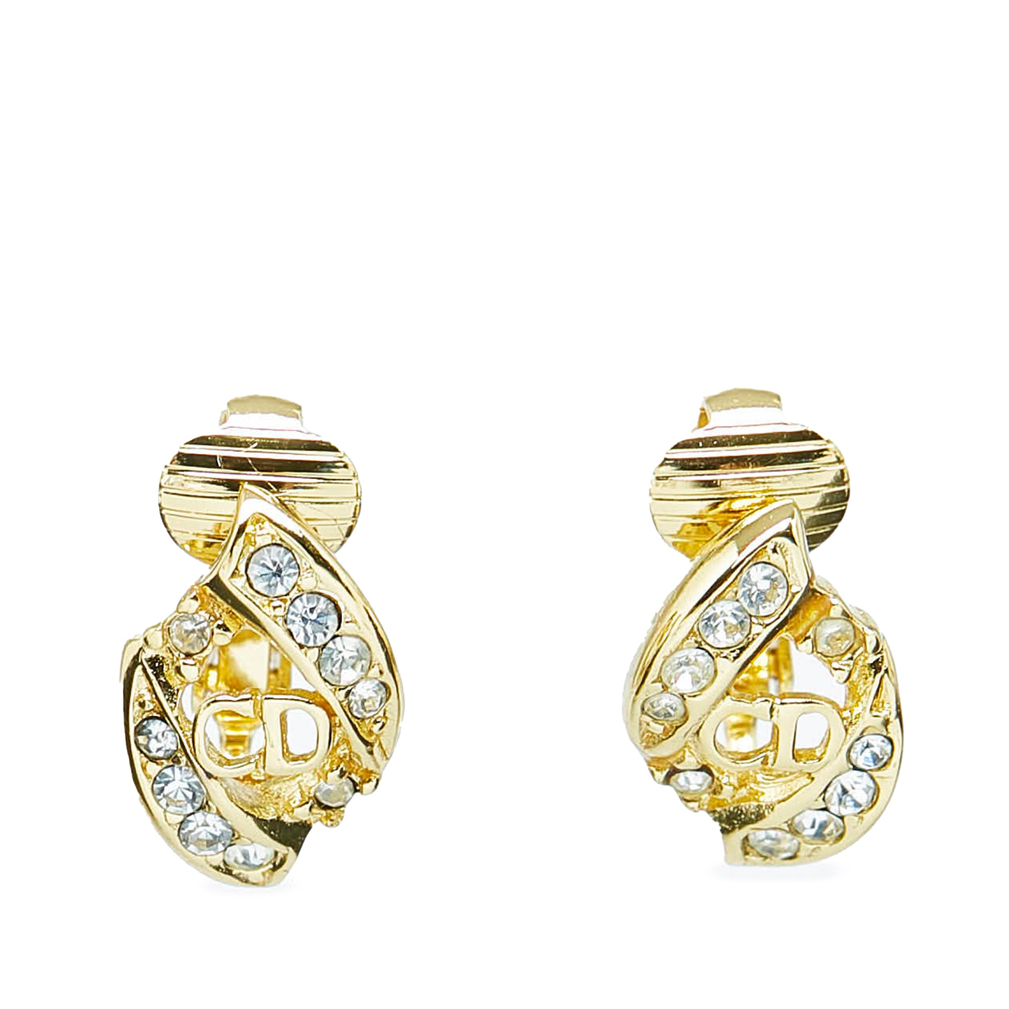 Gold Dior Rhinestone Logo Clip-On Earrings – Designer Revival