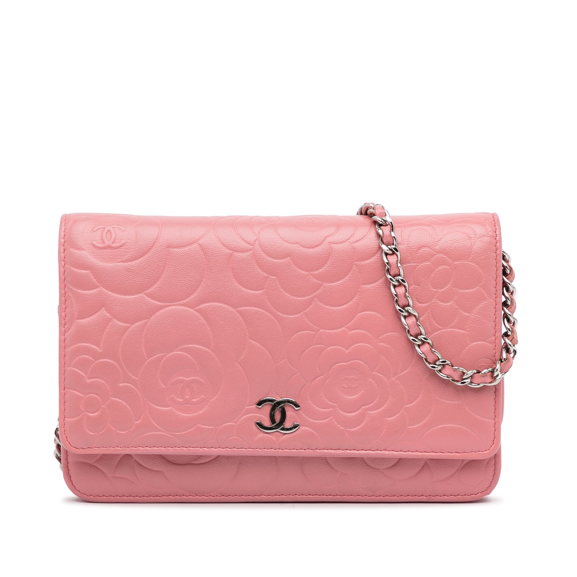 CHANEL Goatskin Camellia Quilted Round Clutch With Chain Light Pink 405251