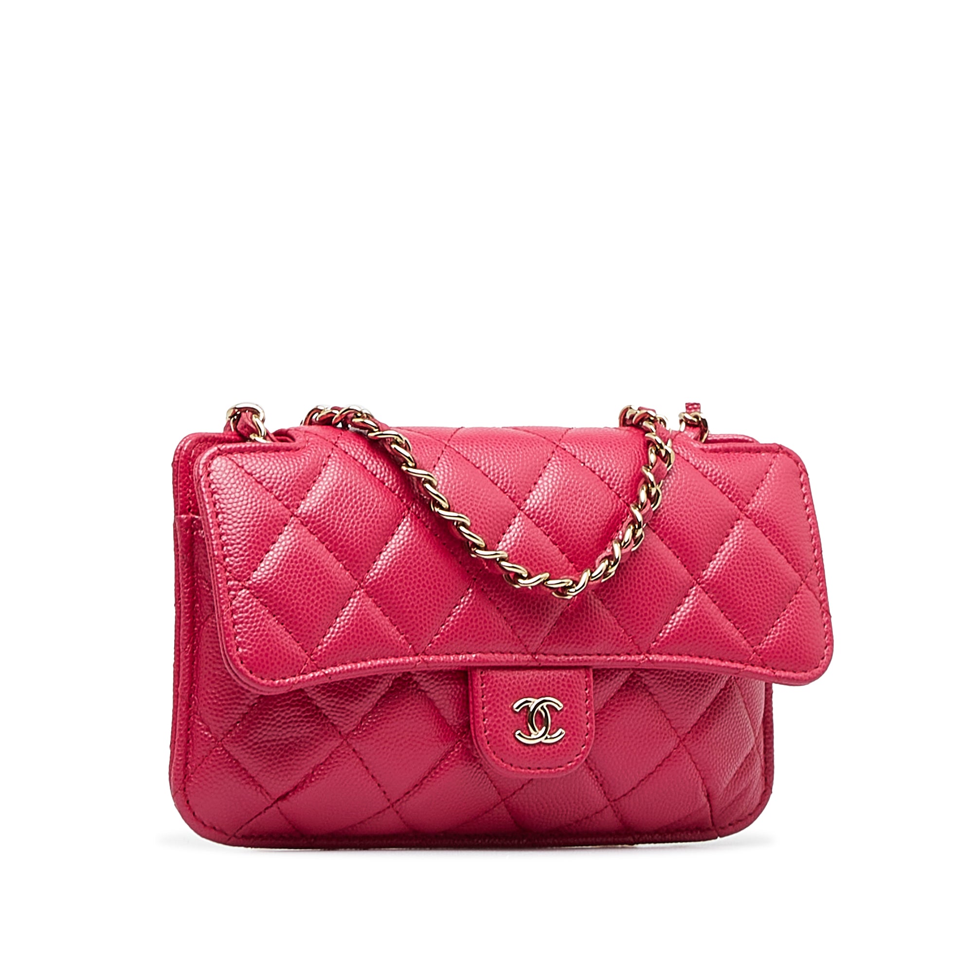 Pink Chanel Quilted Caviar Foldable Printed Fabric Tote with Chain
