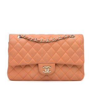 Orange Chanel Medium Classic Caviar Double Flap Shoulder Bag