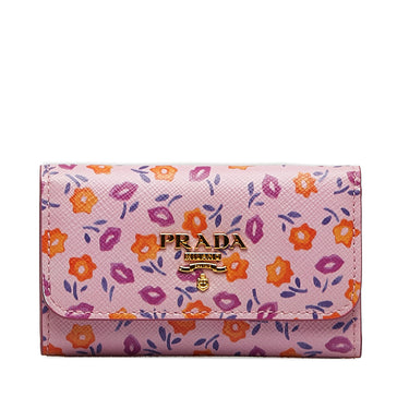Pink Prada Floral Saffiano Key Case - Designer Revival