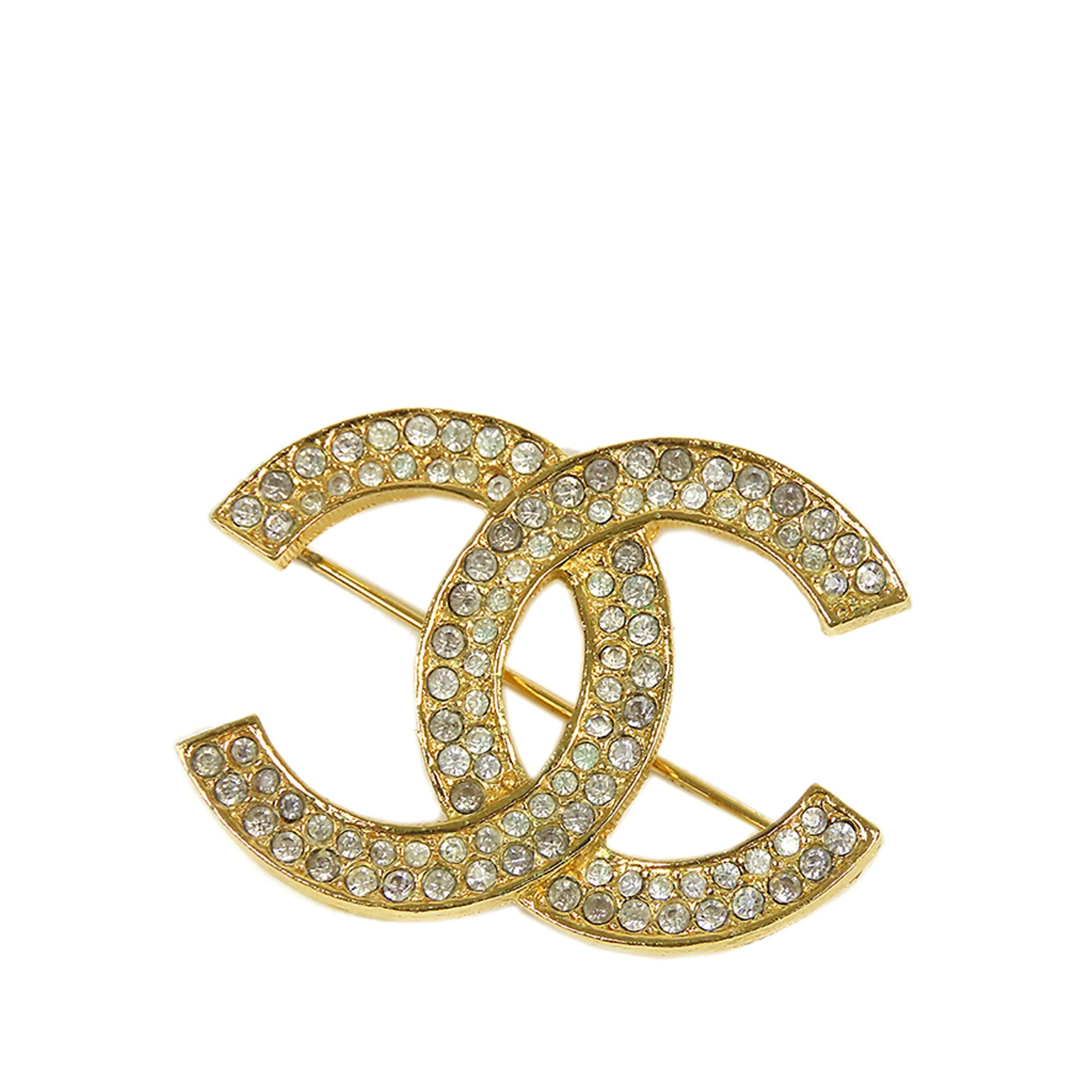 Gold Chanel CC Rhinestone Brooch