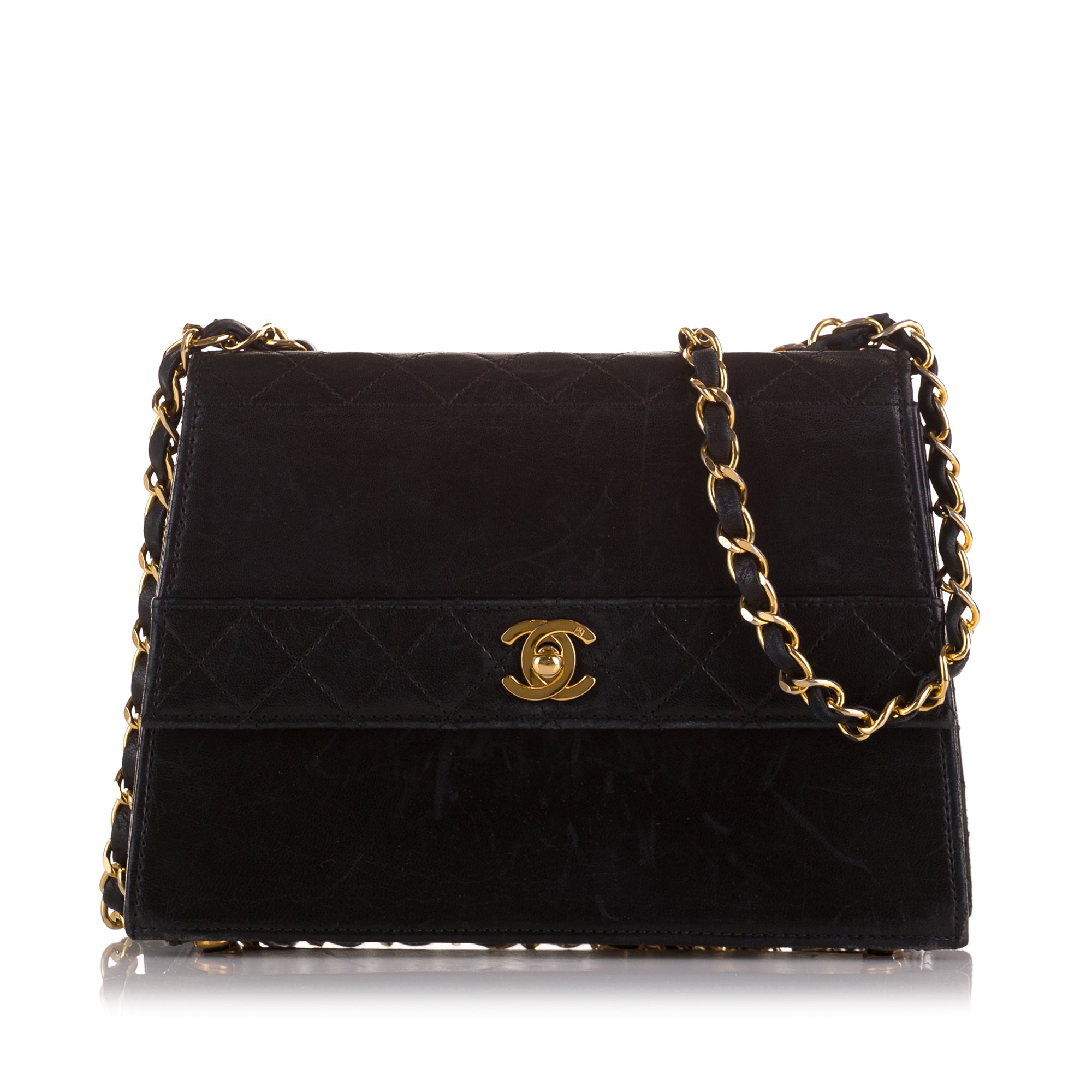 Chanel Black Lambskin Push Lock Full Flap Quilted Chain Shoulder