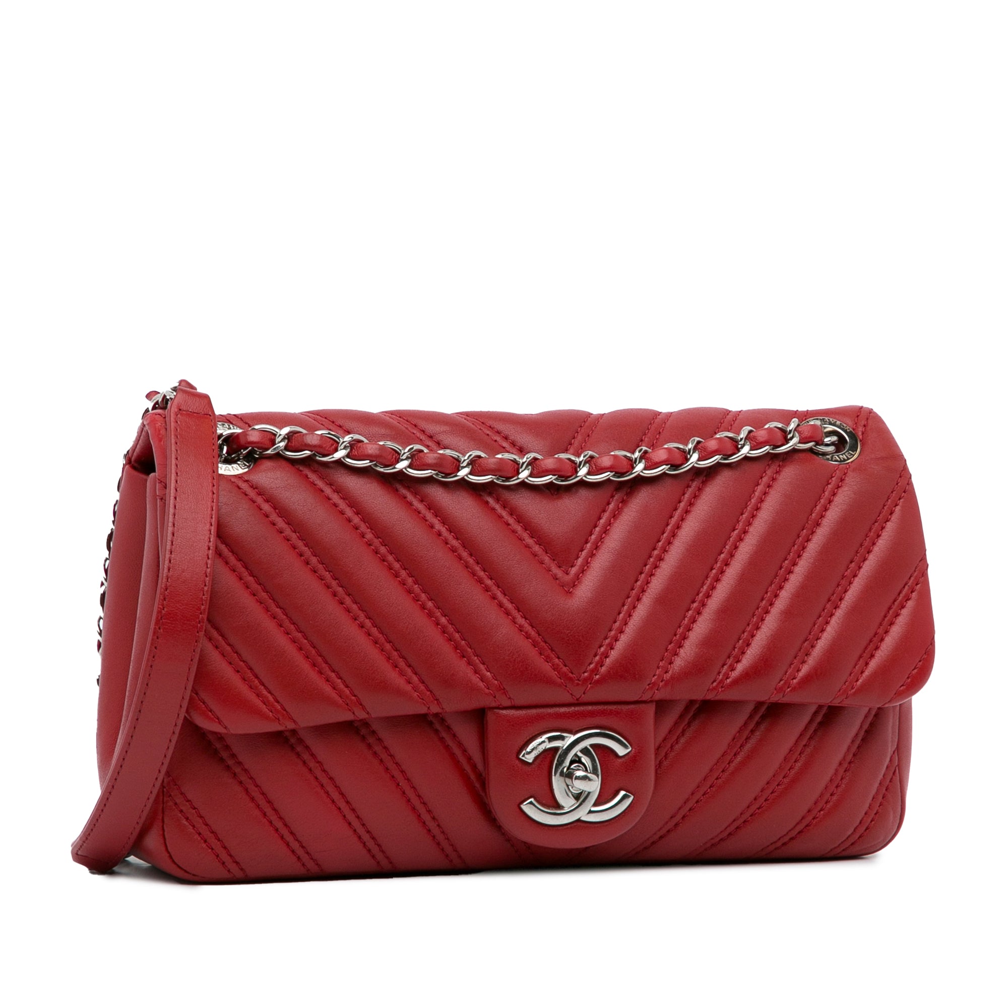 Red Chanel Mini Chevron Quilted Lambskin Rectangular Flap Bag – Designer  Revival