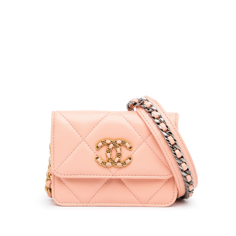 RvceShops Revival, Pink Chanel 19 Mini Pouch On Chain Crossbody Bag