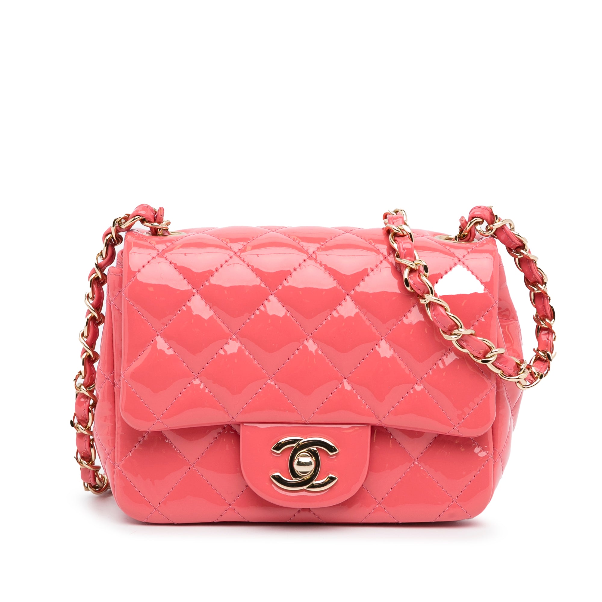 Pink Chanel Mini Patent Classic Square Single Flap Crossbody Bag