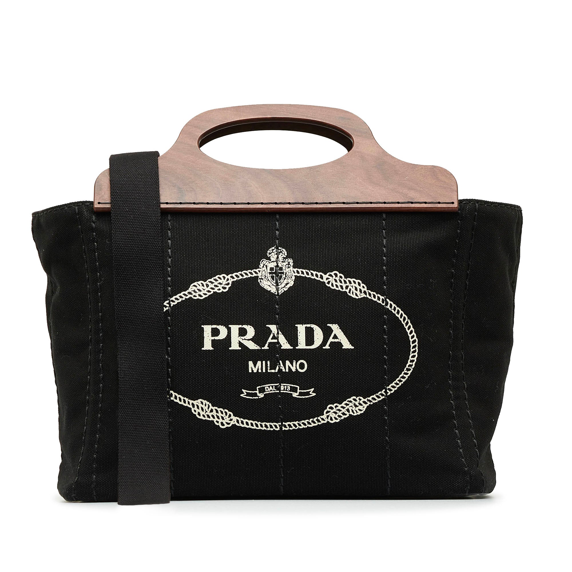Black Prada Wood Handle Canapa Logo Satchel - Designer Revival