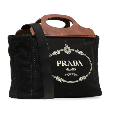 Black Prada Wood Handle Canapa Logo Satchel - Designer Revival