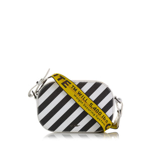 White Off White Saffiano Diagonal Striped Camera Bag