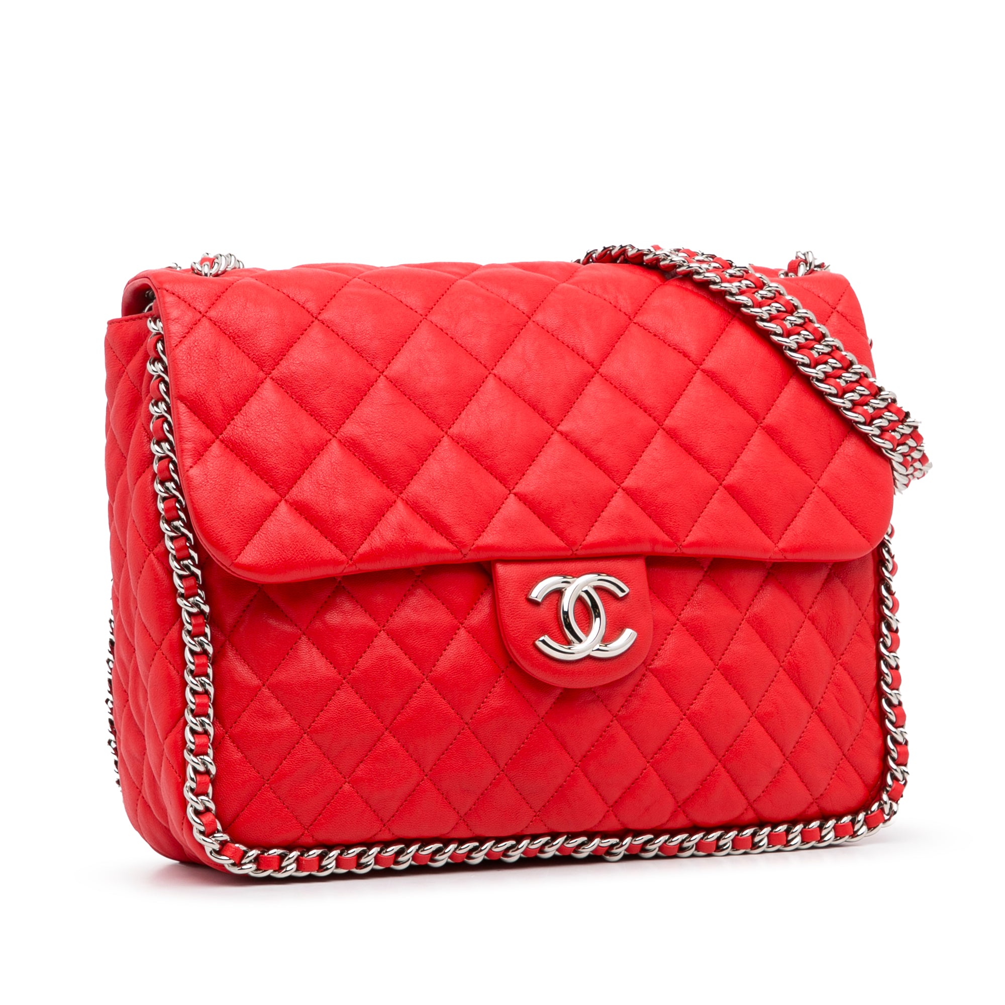 Chanel Vintage Flap Lambskin Leather Shoulder Bag Red