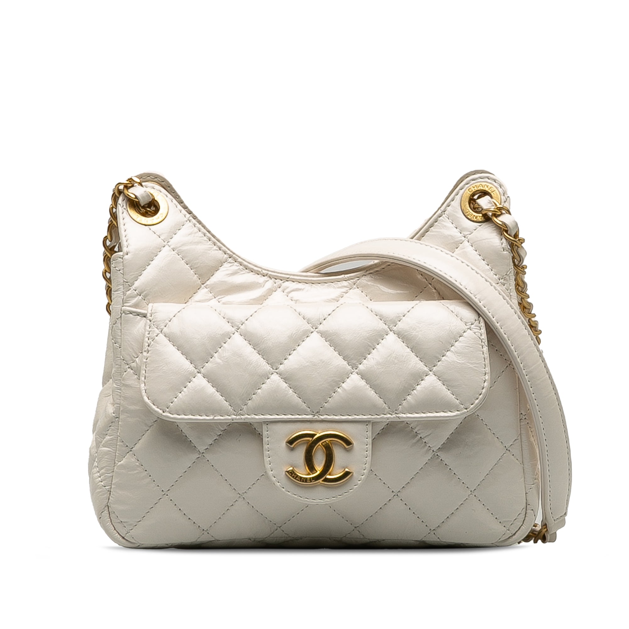White Chanel Small CC Crumpled Calfskin Wavy Hobo Crossbody Bag - Designer Revival