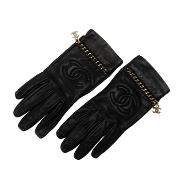 Black Chanel Lambskin CC Chain Link Gloves - Designer Revival