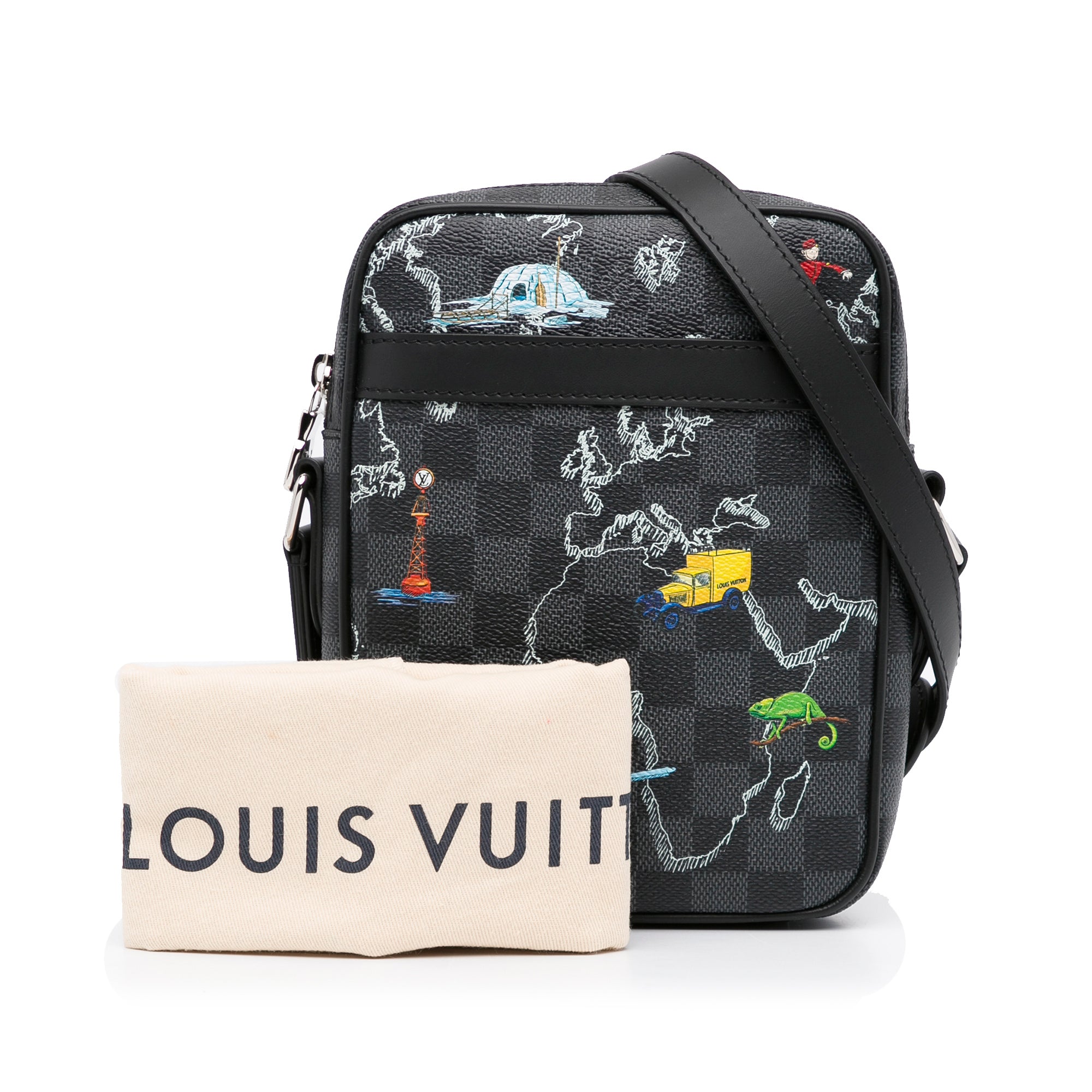 Black Louis Vuitton Damier Graphite Renaissance Map Danube Slim PM Crossbody Bag - Designer Revival