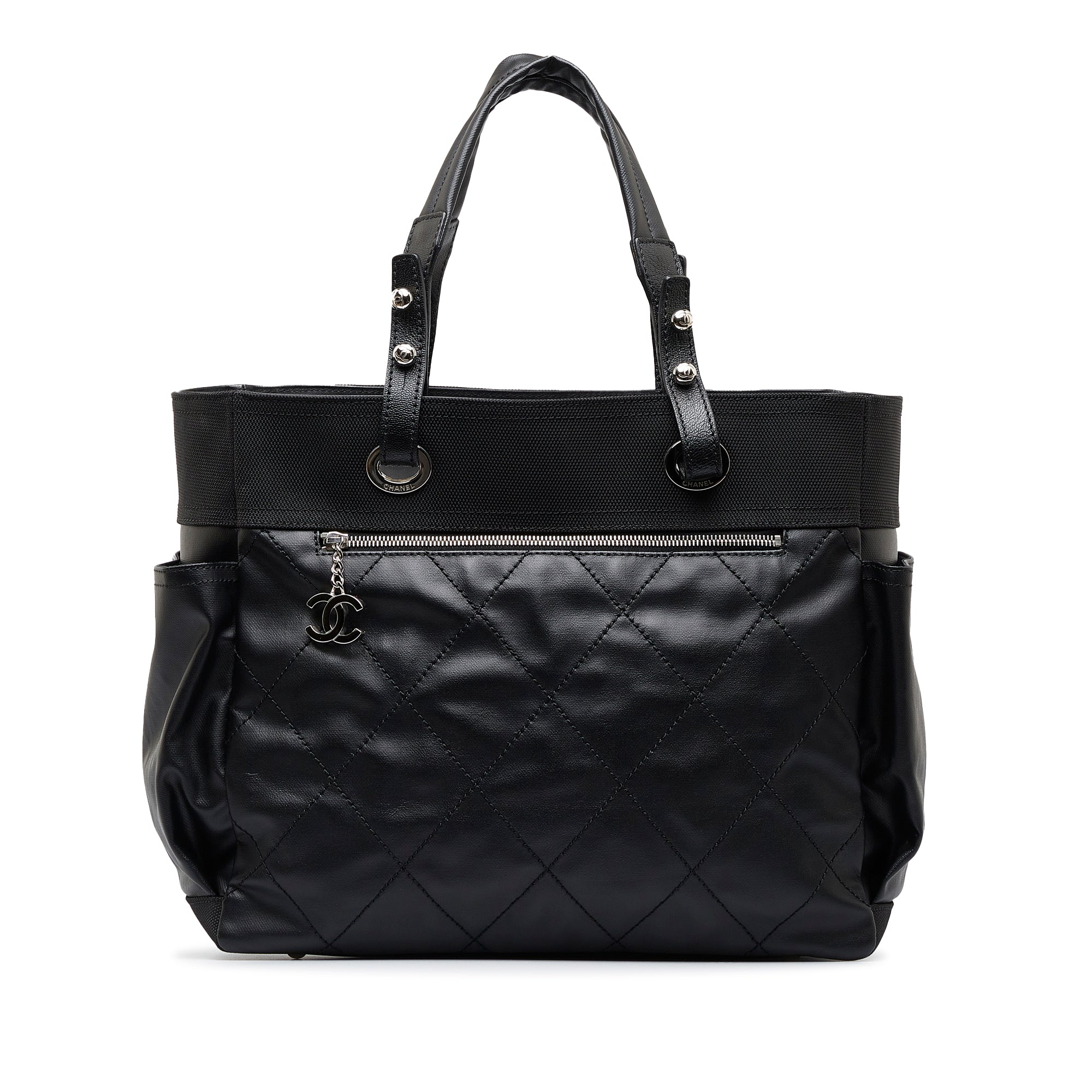 CHANEL Paris Biarritz Tote Black Coated Canvas Leather Small Tote