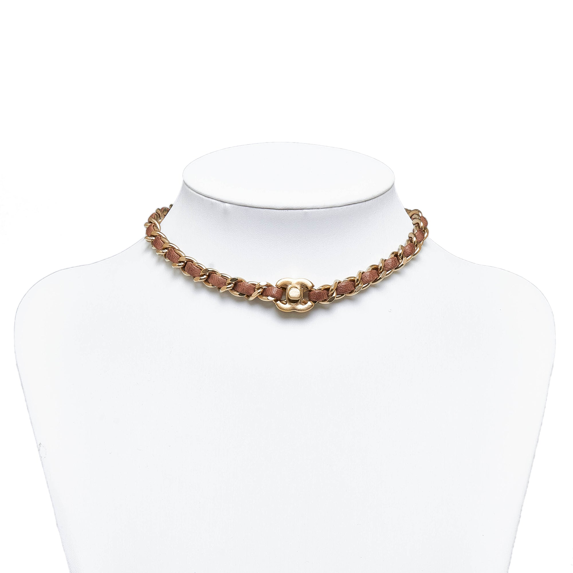 Gold Chanel Leather and Chain CC Turnlock Choker Necklace