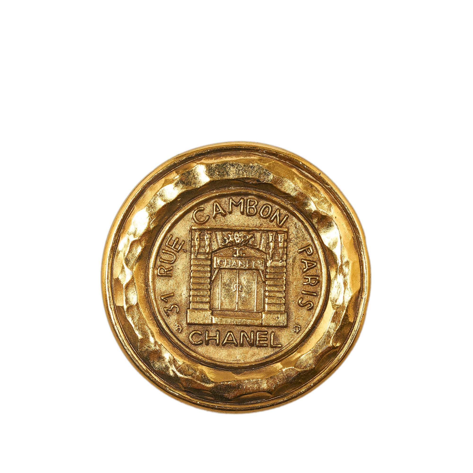 Gold Chanel 31 Rue Cambon Hammered Medallion Brooch – Designer Revival
