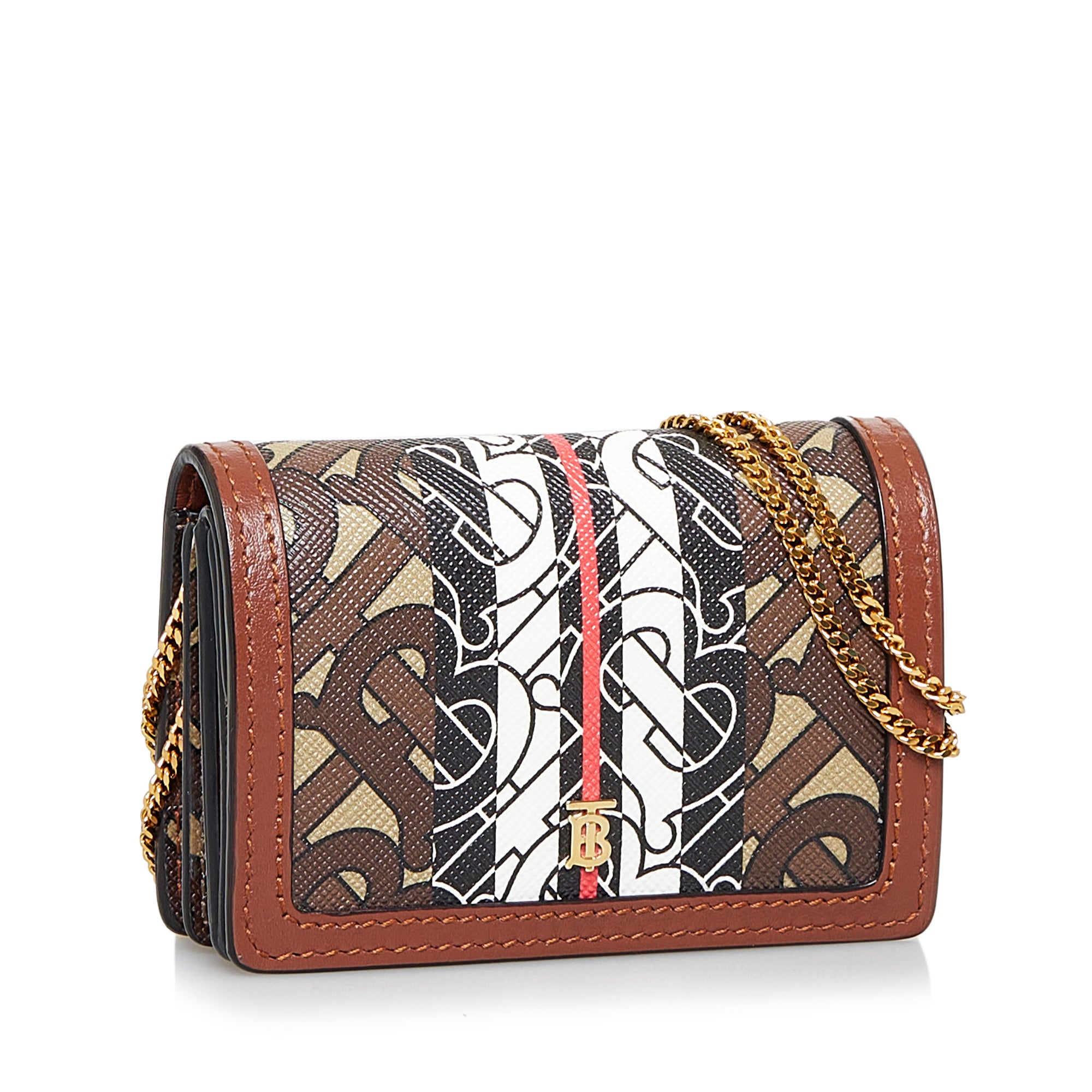 Brown Burberry Monogram Stripe Jessie TB Wallet On Chain Crossbody Bag
