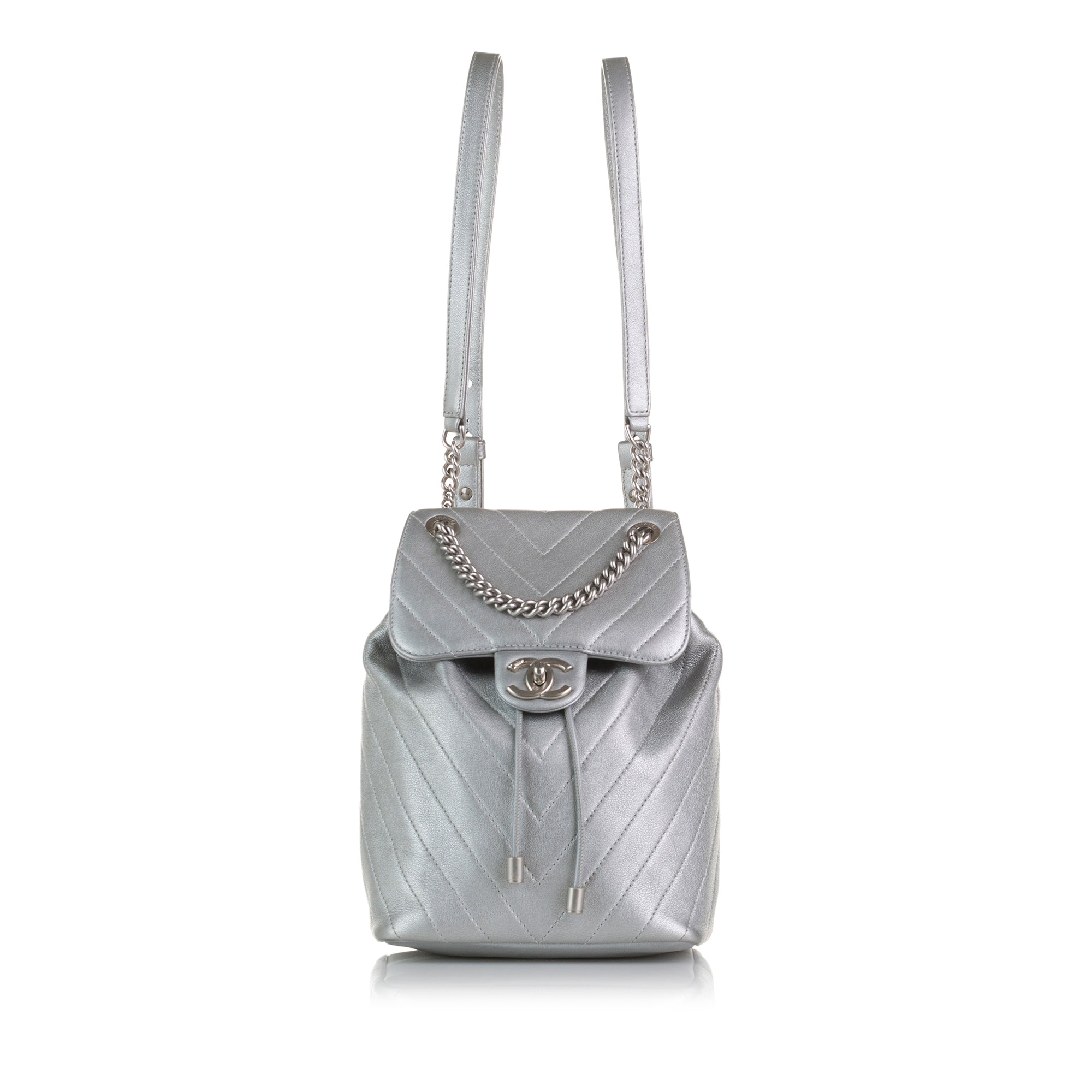 CHANEL Chevron V Stitch Rucksack Backpack Leather Silver A91121