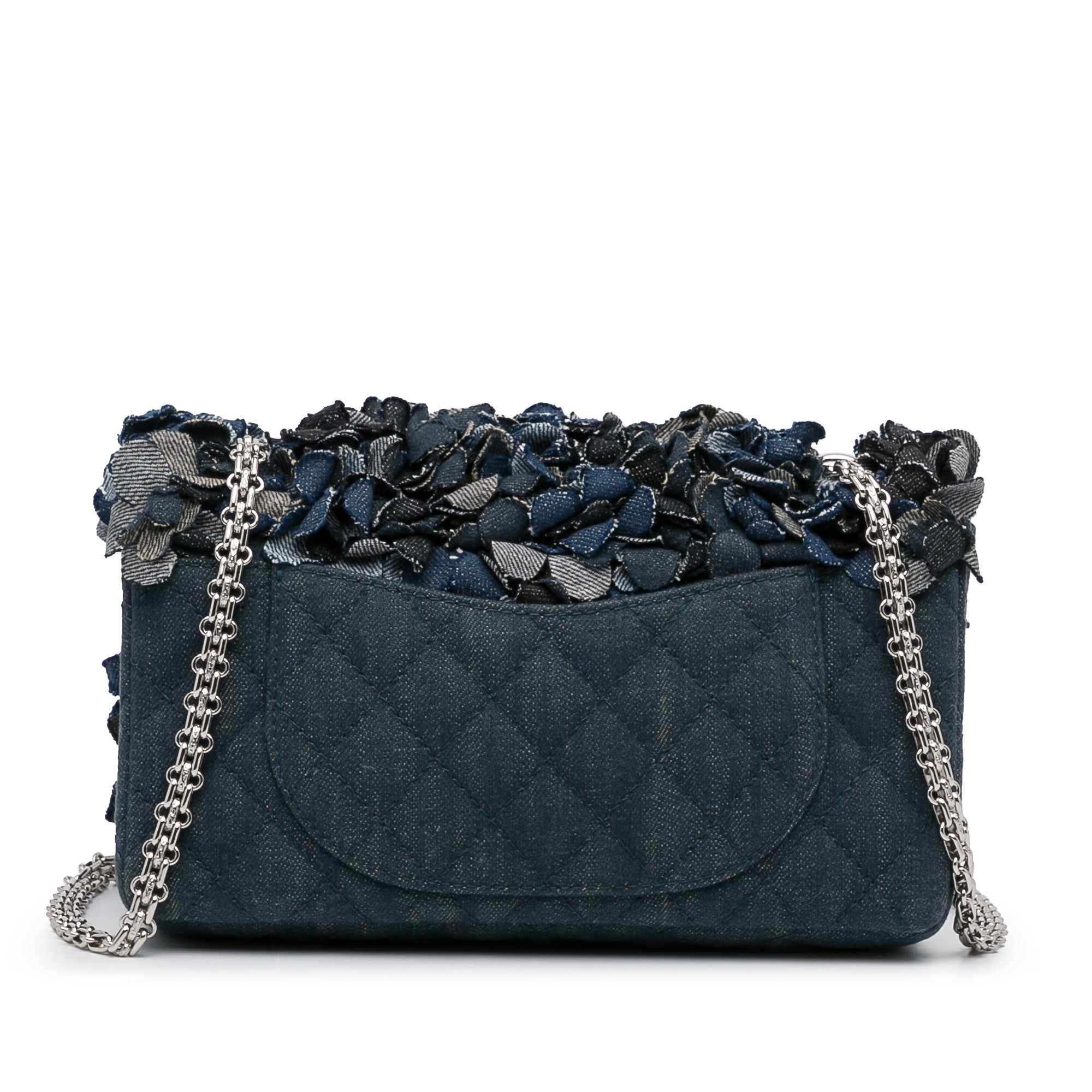 Pre-owned Chanel Camellia Flap Bag Distressed Blue Denim Silver Hardware