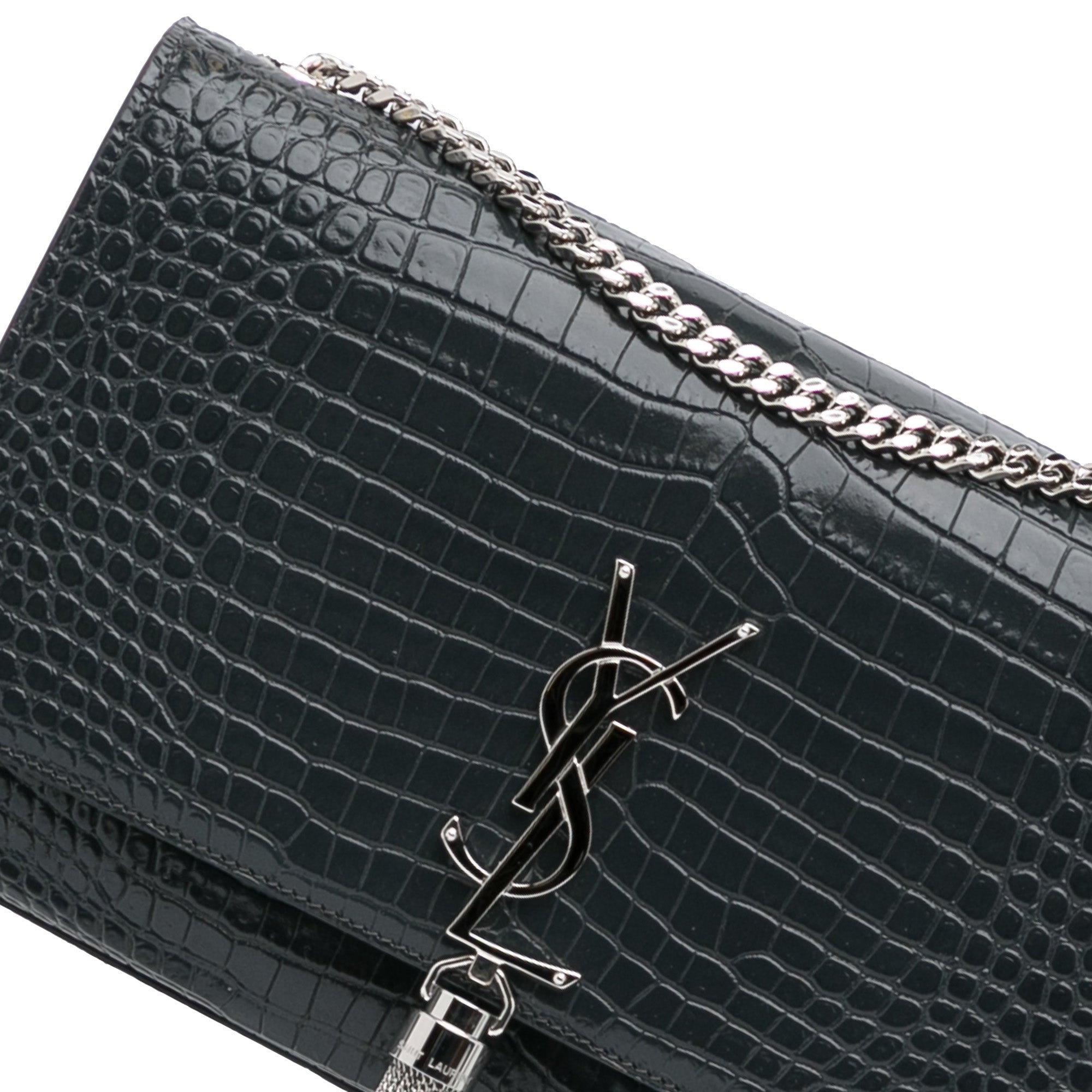 Shop Saint Laurent Kate Tassel Croc-Embossed Leather Shoulder Bag