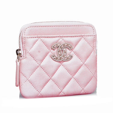 Pink Chanel Caviar CC Crystal Woven Square Zip Around Card Holder